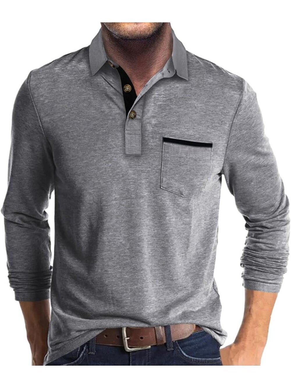 Men's Grey Polo Shirts Cotton Classic Long Sleeve Thermal Button Pocket